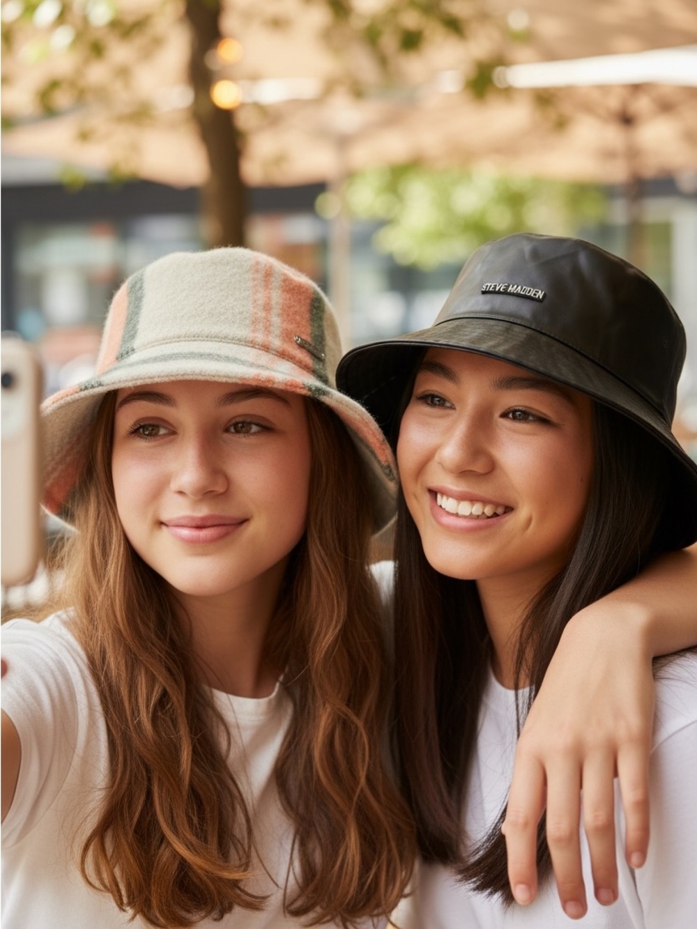 Steve Madden Black Faux Leather Bucket Hat & Cream Plaid Wool Bucket Hat